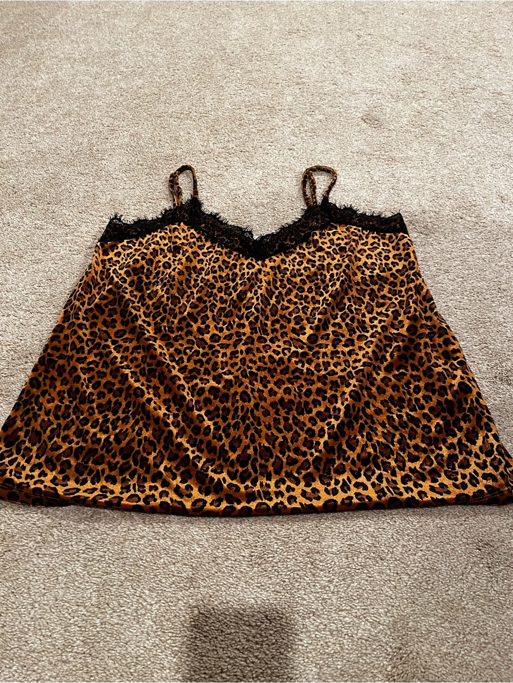 Impressions Leopard Velour Cami with Black Lace Trim - Brown/Black